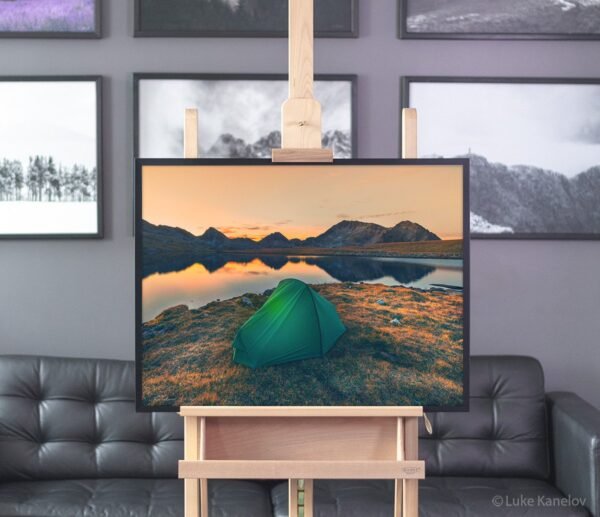 Tent on a mountain lake at sunset – Framed Canvas Tent on a mountain lake at sunset – Framed Canvas