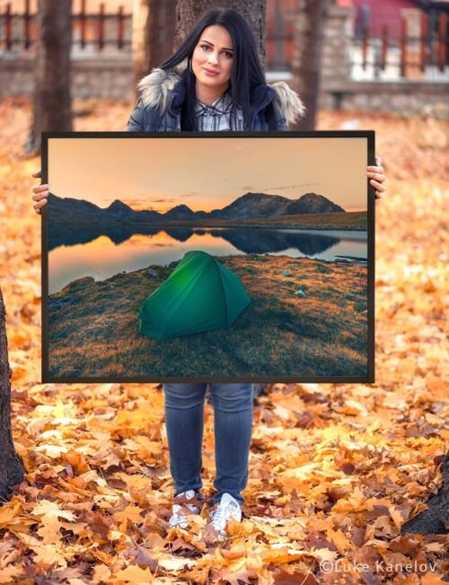 Tent on a mountain lake at sunset – Framed Canvas