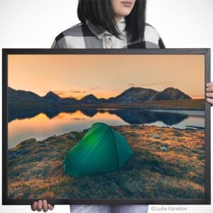 Tent on a mountain lake at sunset – Framed Canvas