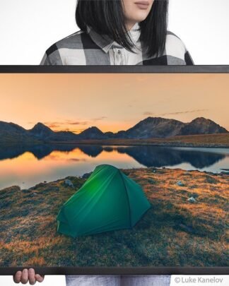 Tent on a mountain lake at sunset – Framed Canvas