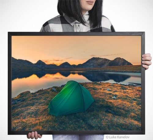 Tent on a mountain lake at sunset – Framed Canvas