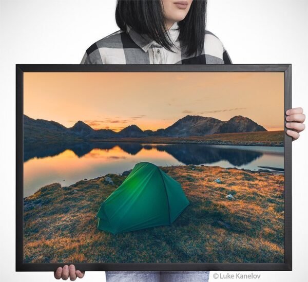 Tent on a mountain lake at sunset – Framed Canvas Tent on a mountain lake at sunset – Framed Canvas