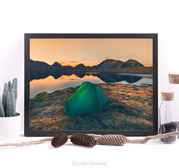 Tent on a mountain lake at sunset – Framed Canvas Tent on a mountain lake at sunset – Framed Canvas