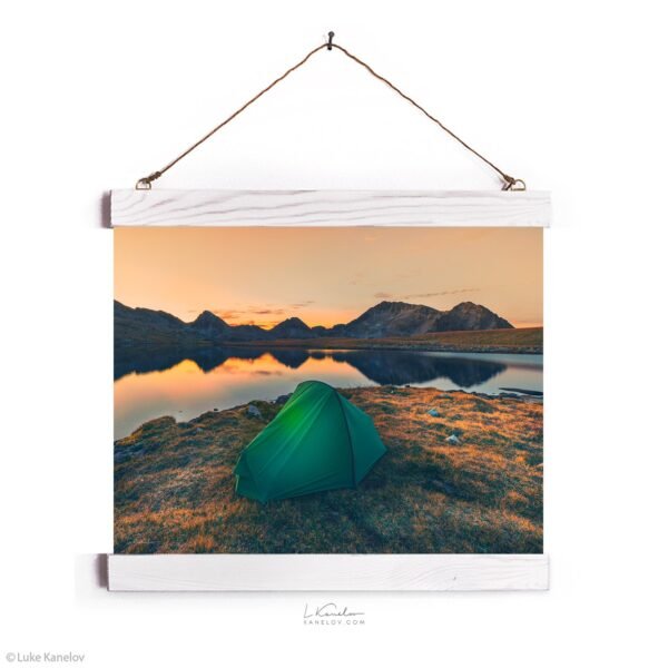 Tent on a mountain lake at sunset – Wall hanging Tent on a mountain lake at sunset – Wall hanging