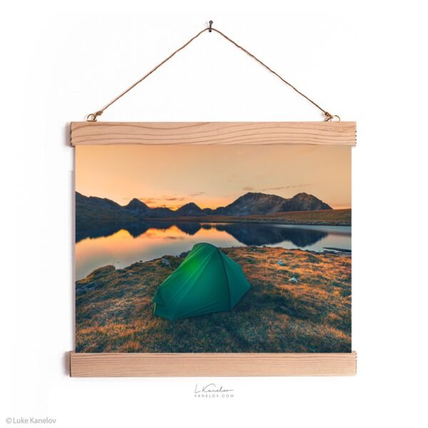 Tent on a mountain lake at sunset – Wall hanging Tent on a mountain lake at sunset – Wall hanging