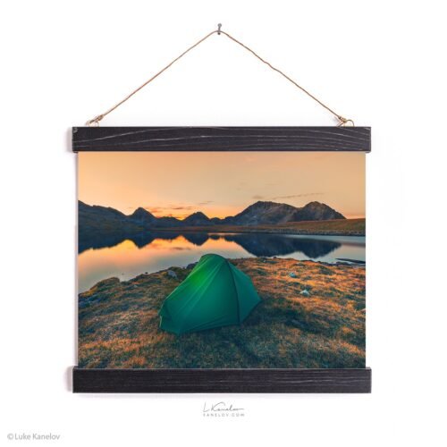 Tent on a mountain lake at sunset – Wall hanging