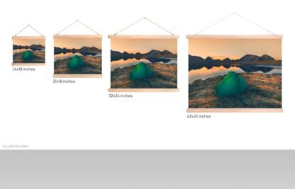 Tent on a mountain lake at sunset – Wall hanging