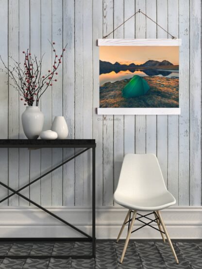 Tent on a mountain lake at sunset – Wall hanging