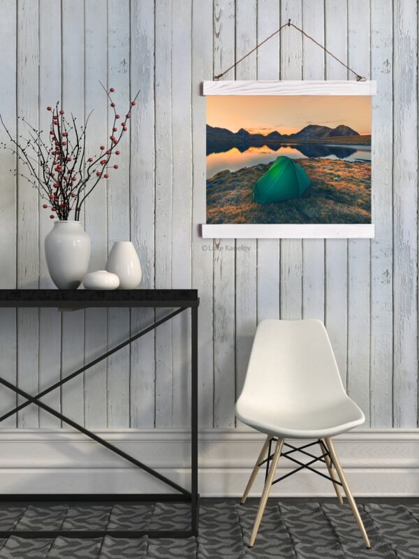 Tent on a mountain lake at sunset – Wall hanging Tent on a mountain lake at sunset – Wall hanging