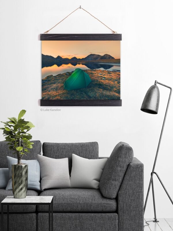 Tent on a mountain lake at sunset – Wall hanging Tent on a mountain lake at sunset – Wall hanging