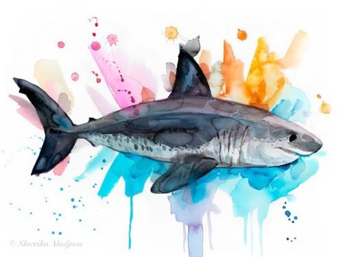 Salmon shark watercolor painting print by Slaveika Aladjova