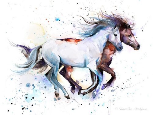 Horses watercolor painting print by Slaveika Aladjova