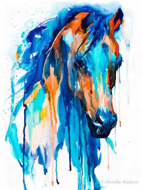 Blue Horse watercolor painting print by Slaveika Aladjova