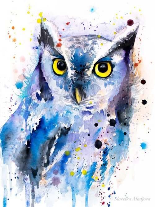 Screech owl watercolor painting print by Slaveika Aladjova