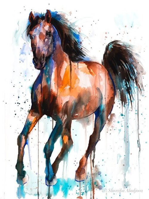 Brown and Black Horse watercolor painting print by Slaveika Aladjova