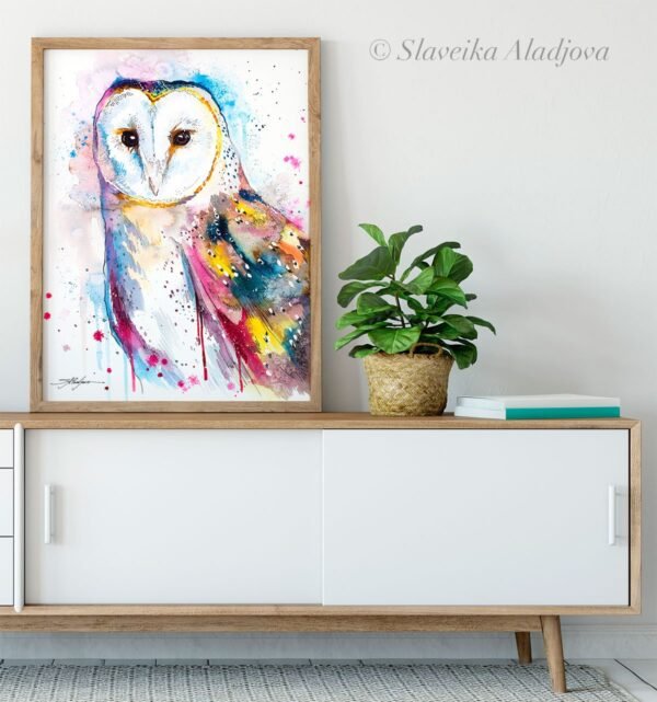 Barn owl watercolor painting print by Slaveika Aladjova