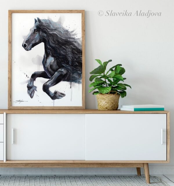 Friesian Horse watercolor painting print by Slaveika Aladjova