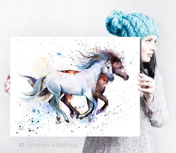 Horses watercolor painting print by Slaveika Aladjova
