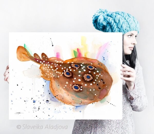 Common torpedo ray, Eyed electric ray watercolor painting print by Slaveika Aladjova