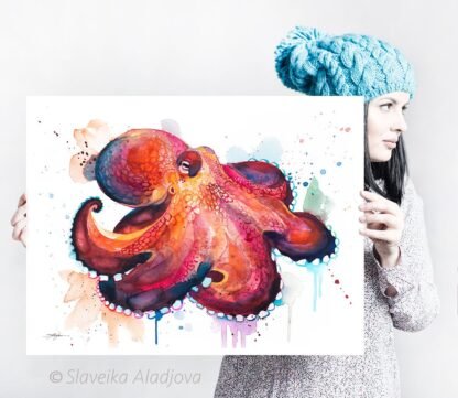 Coconut Octopus, Amphioctopus marginatus watercolor painting print by Slaveika Aladjova