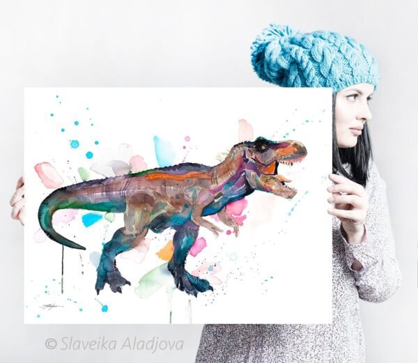 Tyrannosaurus rex, T rex dinosaur watercolor painting print by Slaveika Aladjova