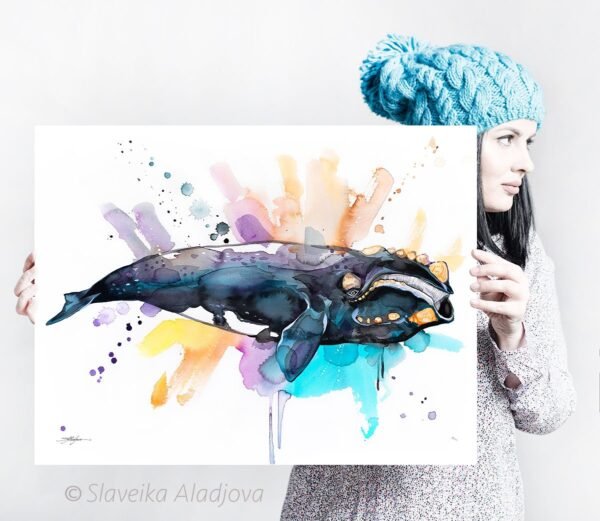 Southern right whale watercolor painting print by Slaveika Aladjova