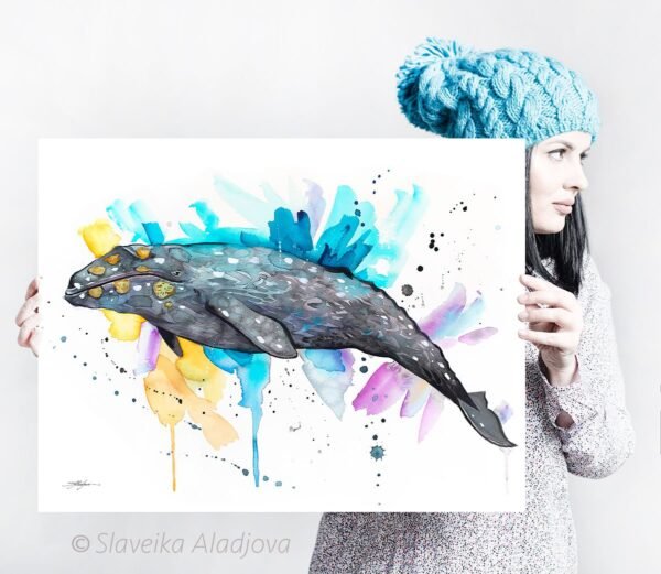 Gray whale watercolor painting print by Slaveika Aladjova