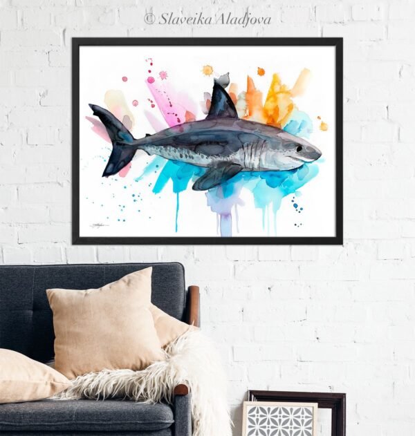 Salmon shark watercolor painting print by Slaveika Aladjova