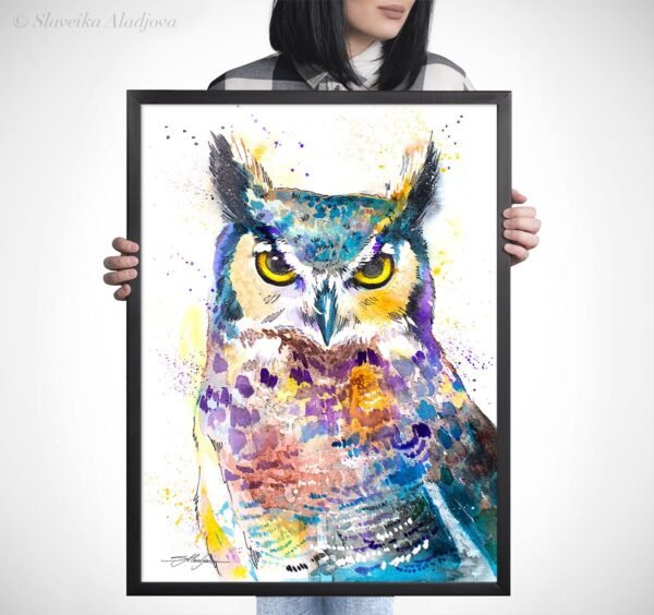Horned Owl watercolor painting print by Slaveika Aladjova