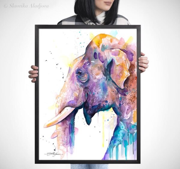Asian Elephant Head watercolor painting print by Slaveika Aladjova