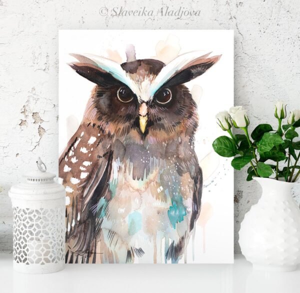 Crested owl watercolor painting print by Slaveika Aladjova