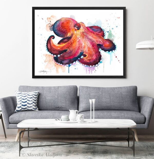 Coconut Octopus, Amphioctopus marginatus watercolor painting print by Slaveika Aladjova