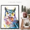 Horned Owl watercolor painting print by Slaveika Aladjova