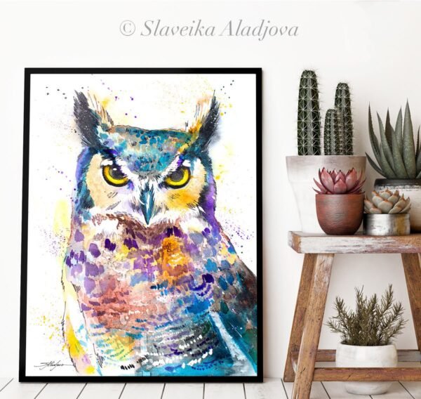 Horned Owl watercolor painting print by Slaveika Aladjova