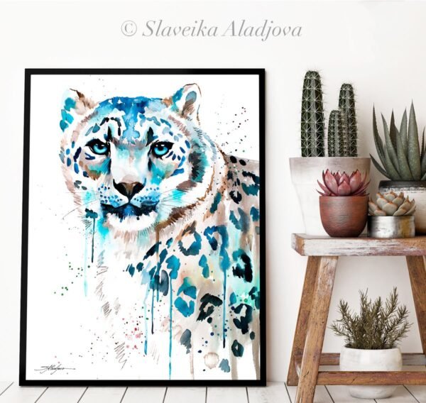 Snow leopard watercolor painting print by Slaveika Aladjova