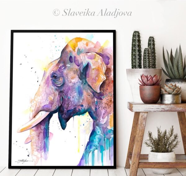 Asian Elephant Head watercolor painting print by Slaveika Aladjova