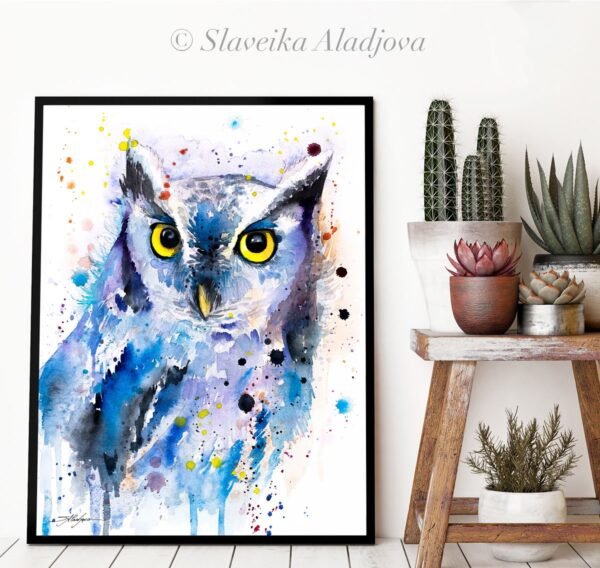 Screech owl watercolor painting print by Slaveika Aladjova
