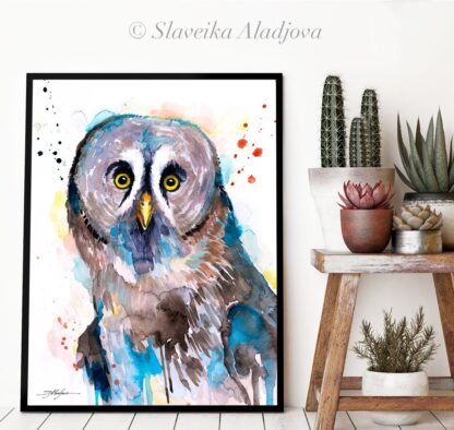 Great grey owl watercolor painting print by Slaveika Aladjova