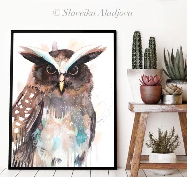 Crested owl watercolor painting print by Slaveika Aladjova