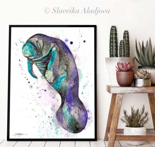 Blue Manatee watercolor painting print by Slaveika Aladjova