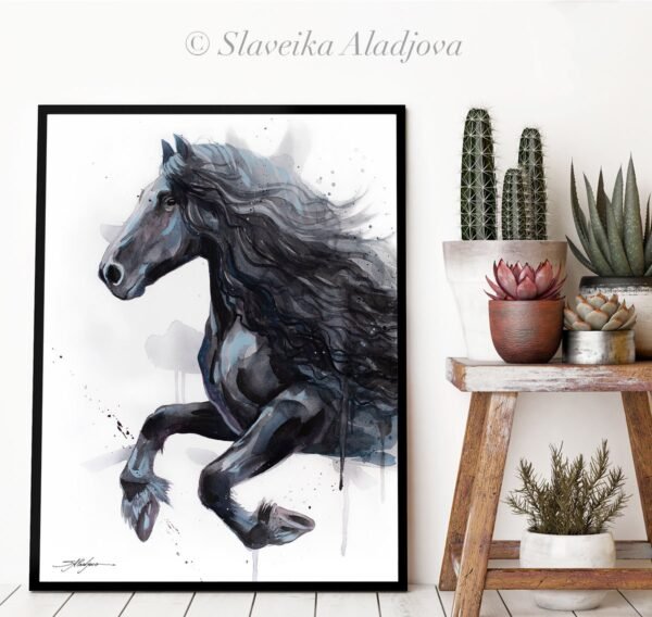 Friesian Horse watercolor painting print by Slaveika Aladjova