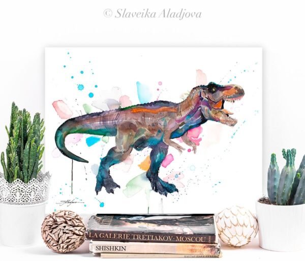 Tyrannosaurus rex, T rex dinosaur watercolor painting print by Slaveika Aladjova