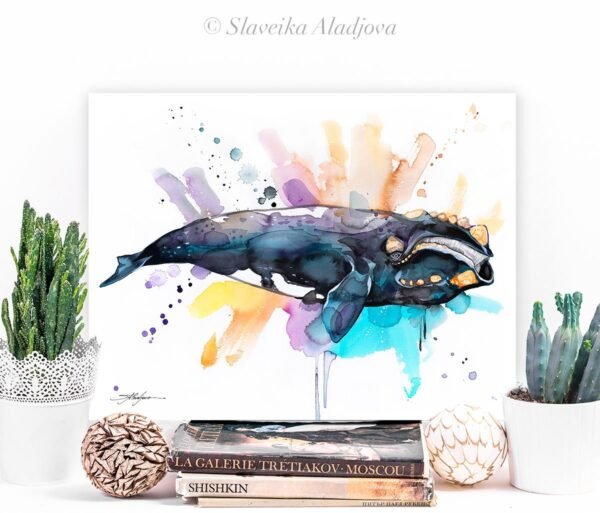 Southern right whale watercolor painting print by Slaveika Aladjova