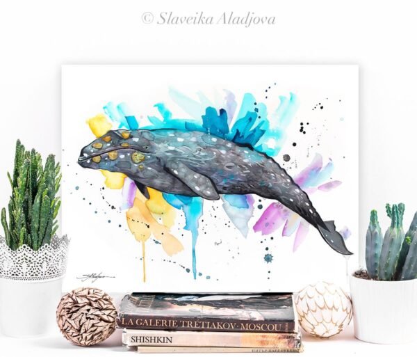 Gray whale watercolor painting print by Slaveika Aladjova