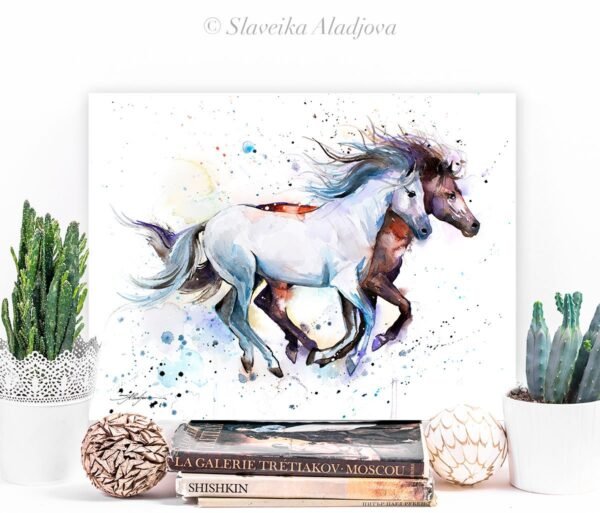 Horses watercolor painting print by Slaveika Aladjova