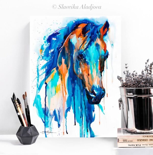 Blue Horse watercolor painting print by Slaveika Aladjova