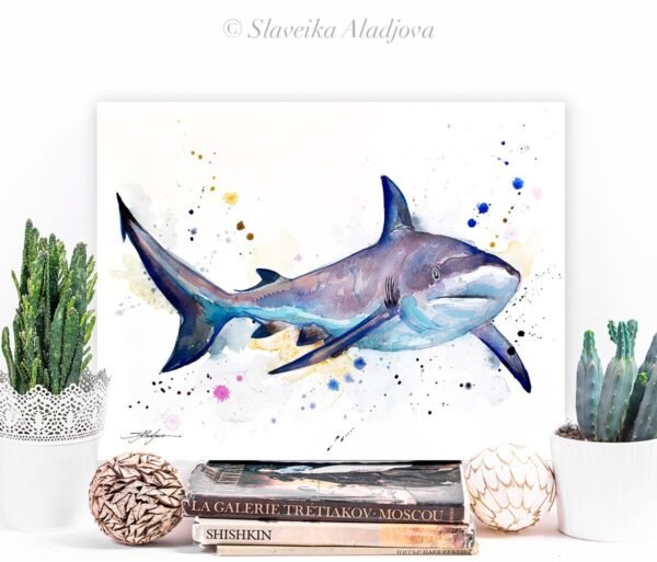 Grey reef shark watercolor painting print by Slaveika Aladjova