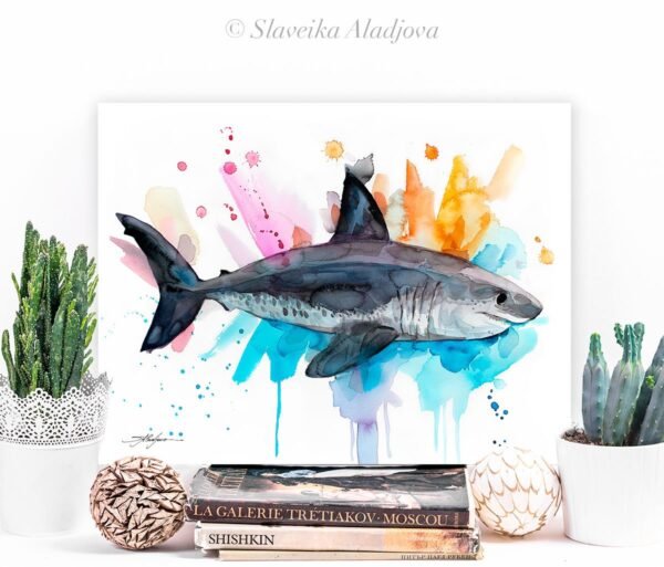 Salmon shark watercolor painting print by Slaveika Aladjova
