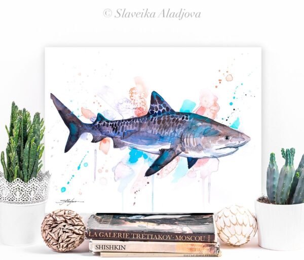 Tiger shark watercolor painting print by Slaveika Aladjova