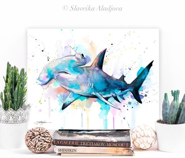 Hammerhead shark watercolor painting print by Slaveika Aladjova